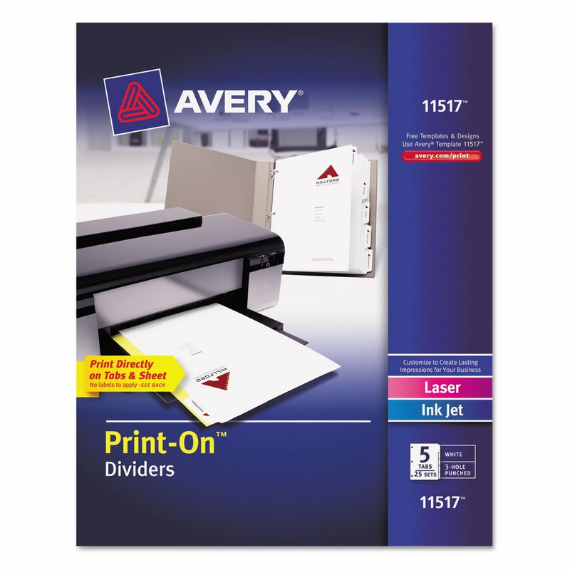 Avery Print-On Dividers, White, 5 Tabs, 25 Sets (11517)