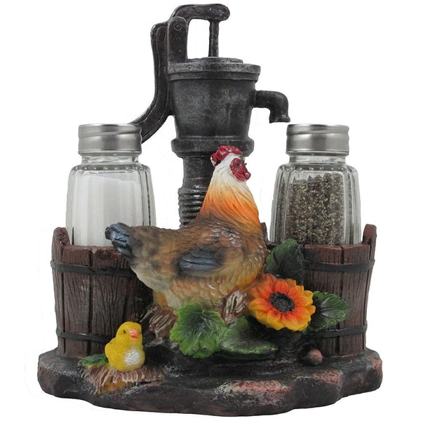 1 X Farm Chicken and Old Fashioned Water Pump Glass Salt and Pepper Shaker Set with Holder Figurine in Country Kitchen Rooster Decor, Sculptures and Statues and Rustic Gifts for Farmers