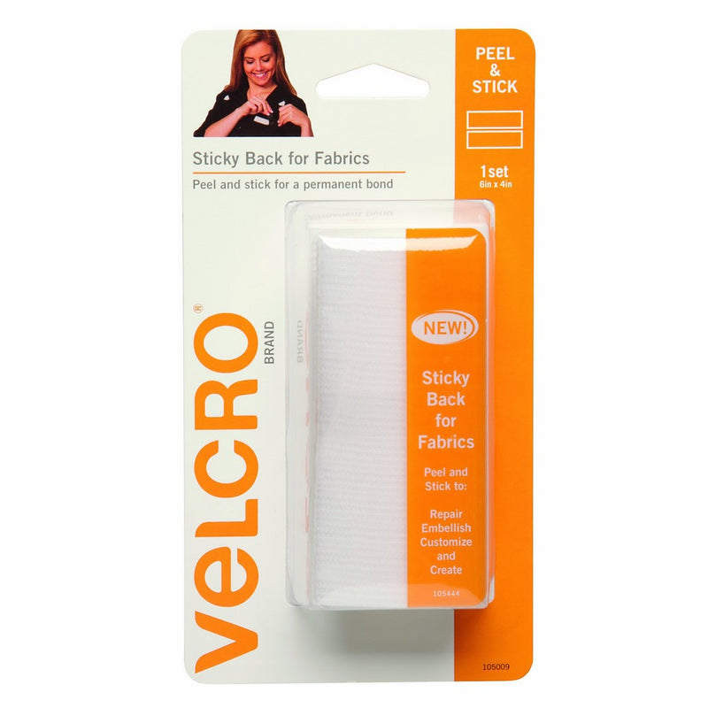 VELCRO Brand - Sticky Back for Fabrics: No sewing needed - 6" x 4" Strips, 1 Set - White