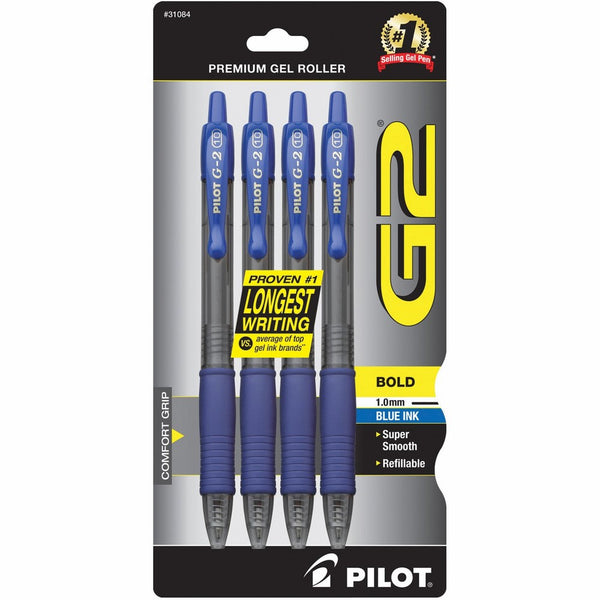 Pilot G2 Retractable Premium Gel Ink Roller Ball Pens, Bold Point, 4-Pack, Blue Ink (31084)