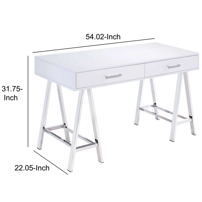 Rectangular Two Drawers Wooden Desk with Saw horse Metal Legs, Silver and White