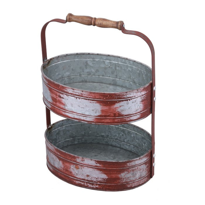 Two Tiered Galvanized Iron Tray, Red And Gray