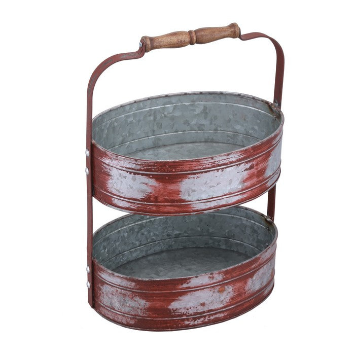 Two Tiered Galvanized Iron Tray, Red And Gray
