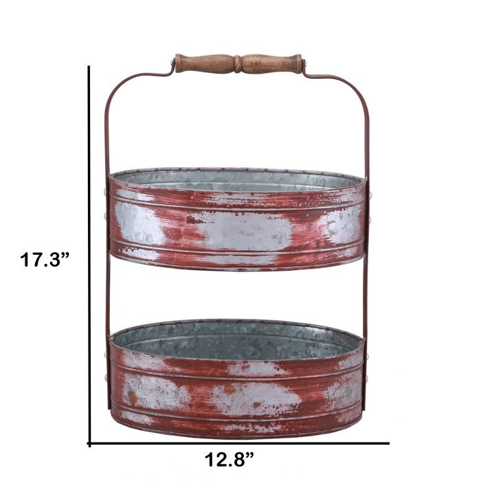 Two Tiered Galvanized Iron Tray, Red And Gray