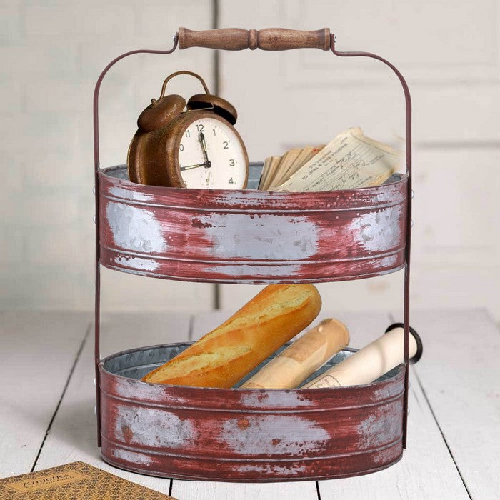 Two Tiered Galvanized Iron Tray, Red And Gray