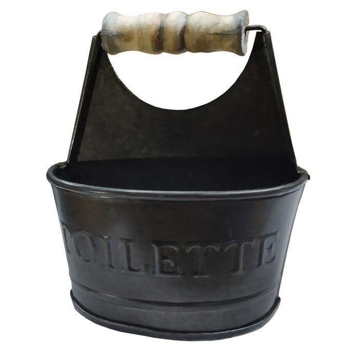 Iron Toilet Caddy With Wooden Handles And Toilette Front, Dark Gray