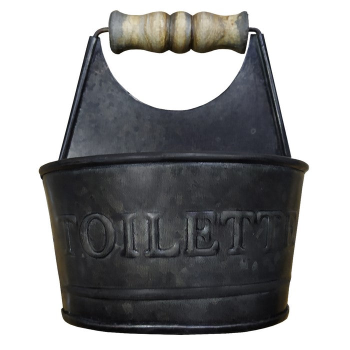 Iron Toilet Caddy With Wooden Handles And Toilette Front, Dark Gray