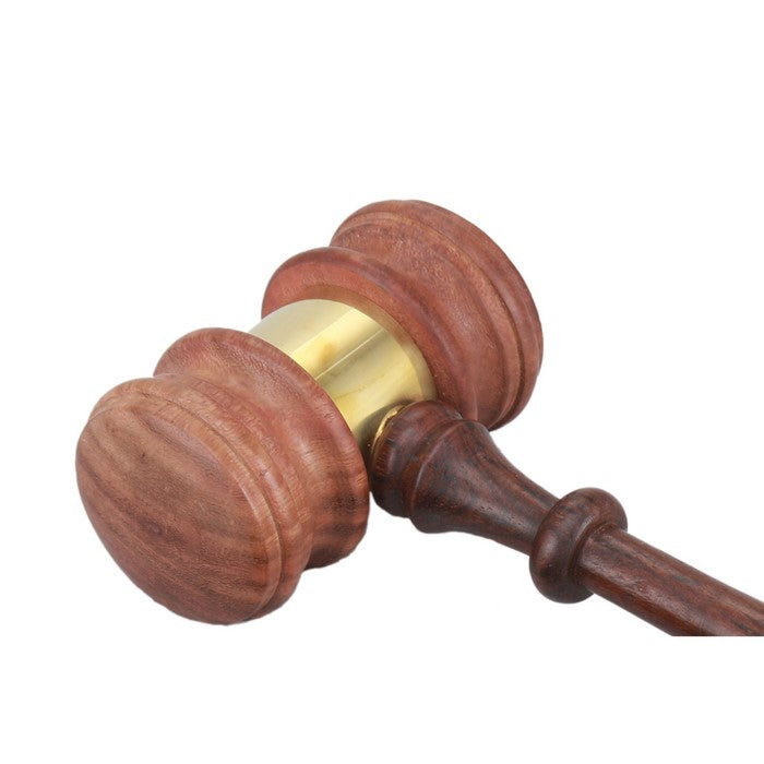 Wooden Gavel And Round Block Set With Brass Work, Natural Brown