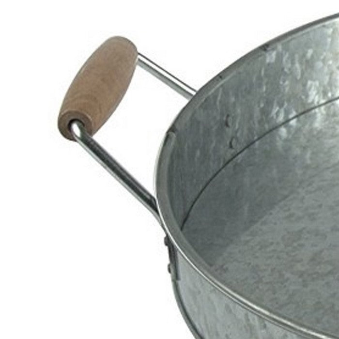 Benzara Round Galvanized Metal Serving Tray With Wooden Handles, Gray
