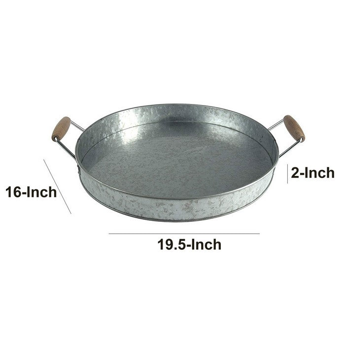 Benzara Round Galvanized Metal Serving Tray With Wooden Handles, Gray