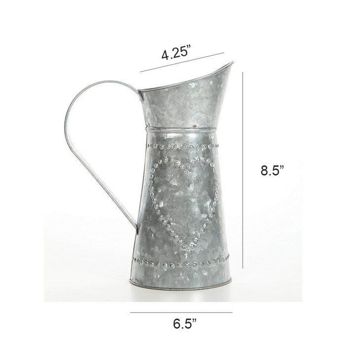 Galvanized Metal Pitcher with Embossed Design, Gray