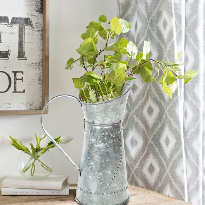 Galvanized Metal Pitcher with Embossed Design, Gray