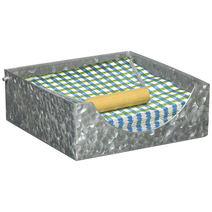 Galvanized Metal Napkin Holder with Fitted Wooden Handle, Gray