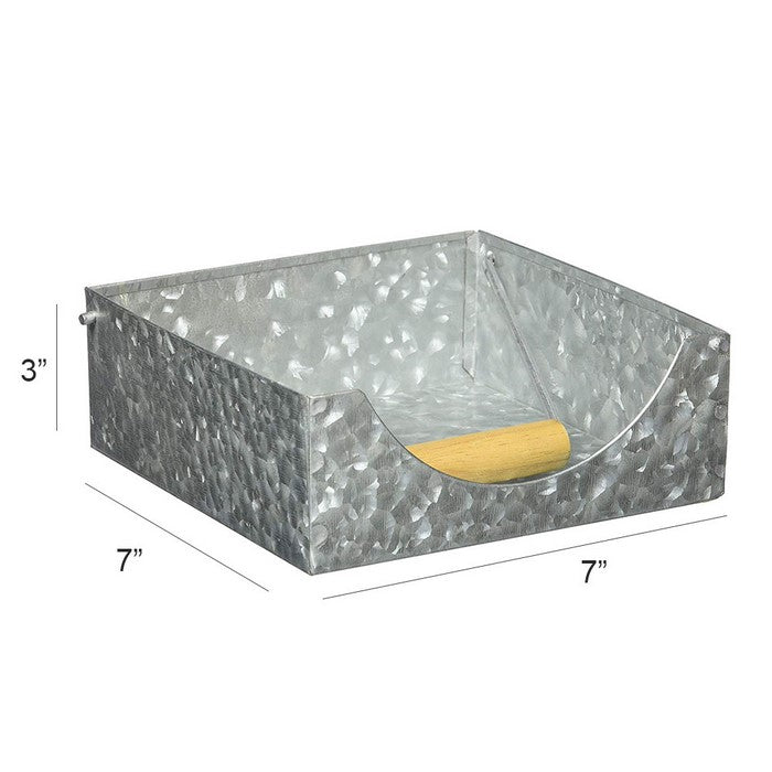 Galvanized Metal Napkin Holder with Fitted Wooden Handle, Gray