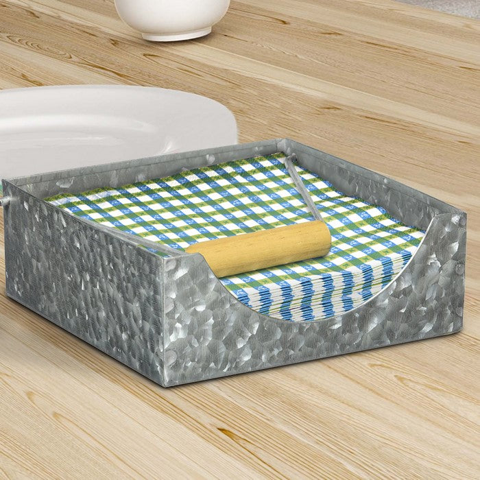 Galvanized Metal Napkin Holder with Fitted Wooden Handle, Gray