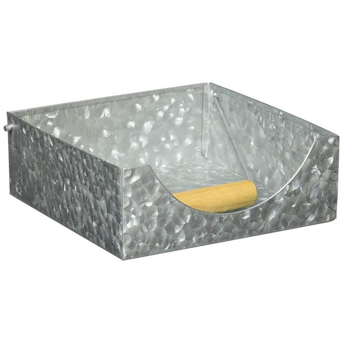 Galvanized Metal Napkin Holder with Fitted Wooden Handle, Gray