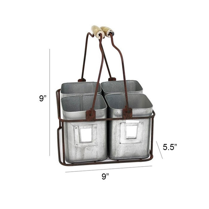 Galvanized Metal Four Tin Storage Organizer with Movable Wooden Handle,Gray