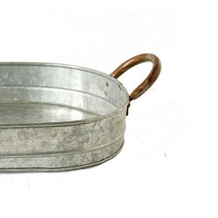 Galvanized Oblong Metal Tray with Ear Handles, Gray