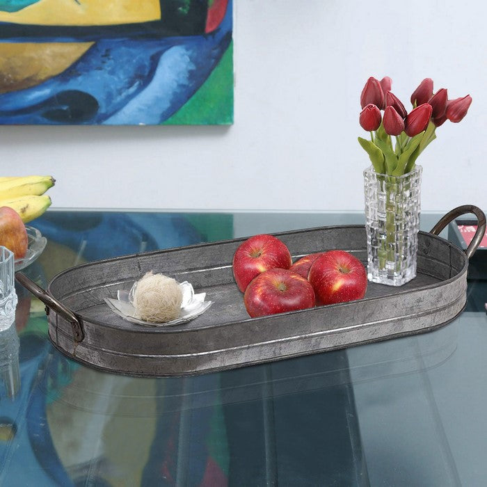 Galvanized Oblong Metal Tray with Ear Handles, Gray
