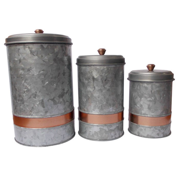 Galvanized Metal Lidded Canister With Copper Band, Set of Three, Gray