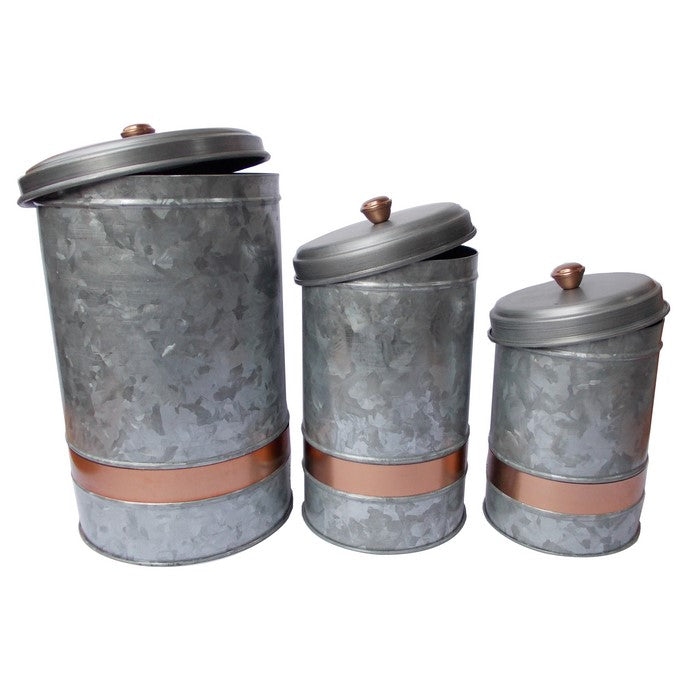 Galvanized Metal Lidded Canister With Copper Band, Set of Three, Gray