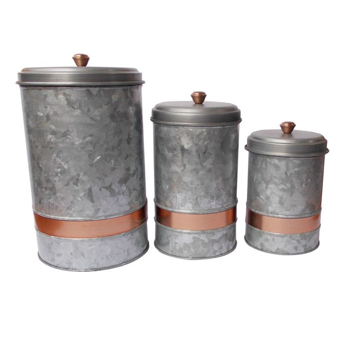 Galvanized Metal Lidded Canister With Copper Band, Set of Three, Gray