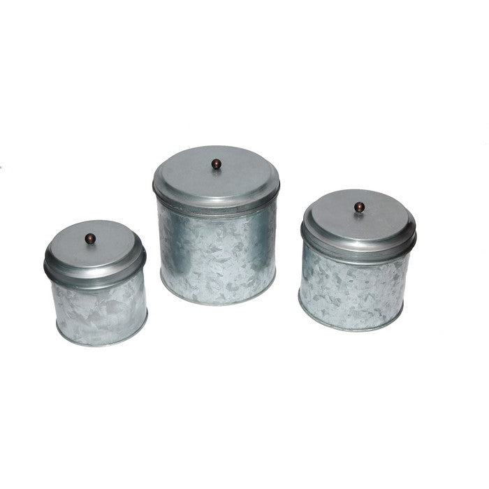 Benzara AMC0015 Galvanized Metal Lidded Canister With Ball Knob, Set of Three, Gray