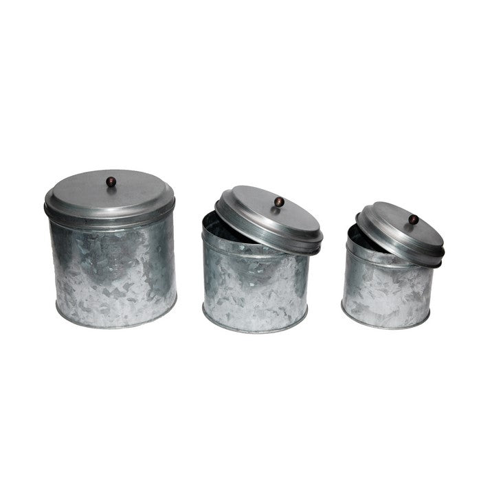 Benzara AMC0015 Galvanized Metal Lidded Canister With Ball Knob, Set of Three, Gray