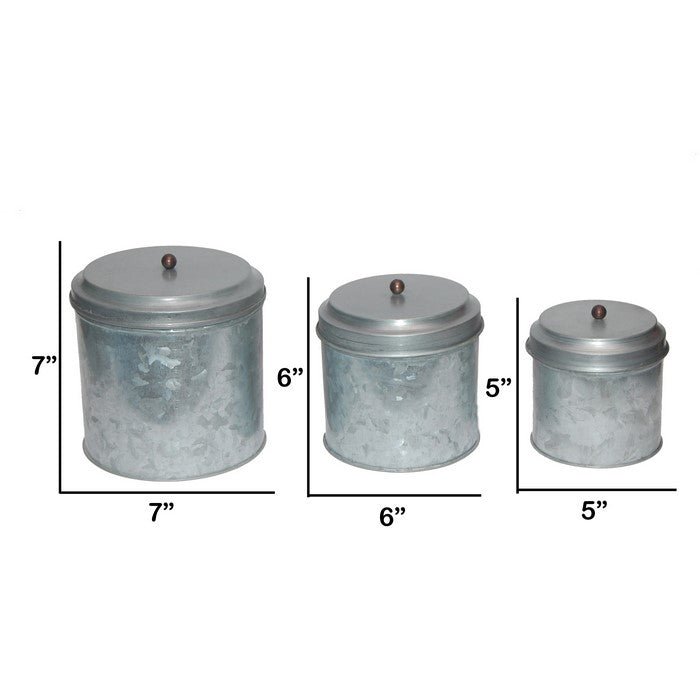 Benzara AMC0015 Galvanized Metal Lidded Canister With Ball Knob, Set of Three, Gray