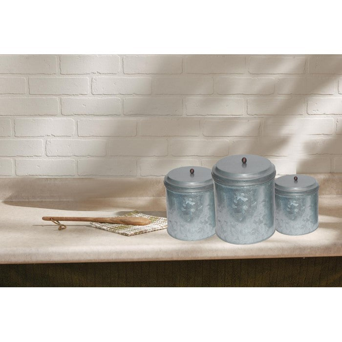 Benzara AMC0015 Galvanized Metal Lidded Canister With Ball Knob, Set of Three, Gray