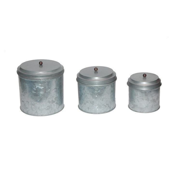 Benzara AMC0015 Galvanized Metal Lidded Canister With Ball Knob, Set of Three, Gray