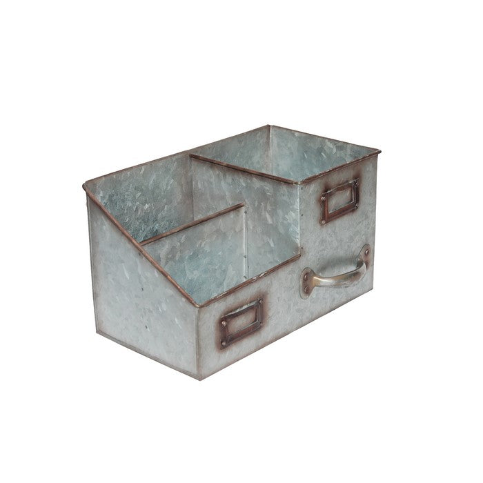 Benzara AMC0016 Three Bin Galvanized Metal Desk Organiser with Attached Label Slots, Gray