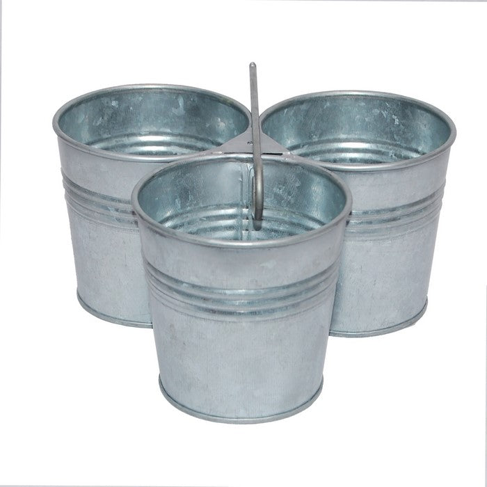 Benzara AMC0017 Galvanized Metal Cutlery Holder with Three Buckets and Ring Holder, Gray