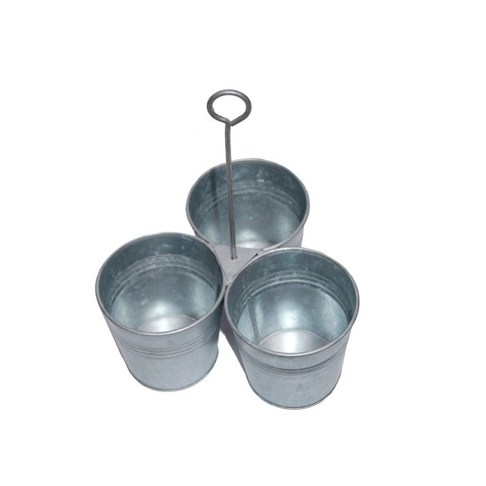 Benzara AMC0017 Galvanized Metal Cutlery Holder with Three Buckets and Ring Holder, Gray