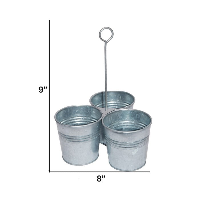 Benzara AMC0017 Galvanized Metal Cutlery Holder with Three Buckets and Ring Holder, Gray