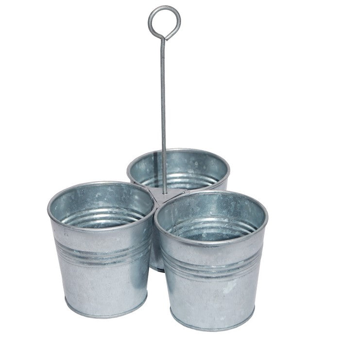 Benzara AMC0017 Galvanized Metal Cutlery Holder with Three Buckets and Ring Holder, Gray