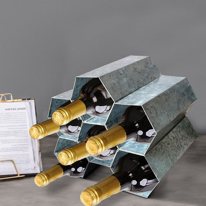 Galvanized Metal Tabletop Rack with 6 Honeycomb Design Bottle Storage, Gray