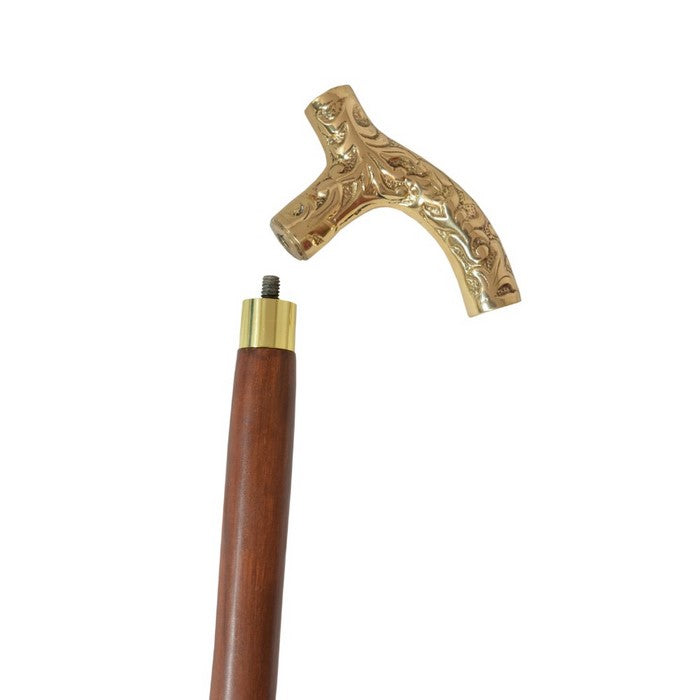 Lyptus Wood Walking Stick With Aesthetic Brass Handle, Walnut Brown