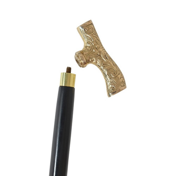 Wooden Walking Stick with Lustrous Brass Handle, Black and Gold