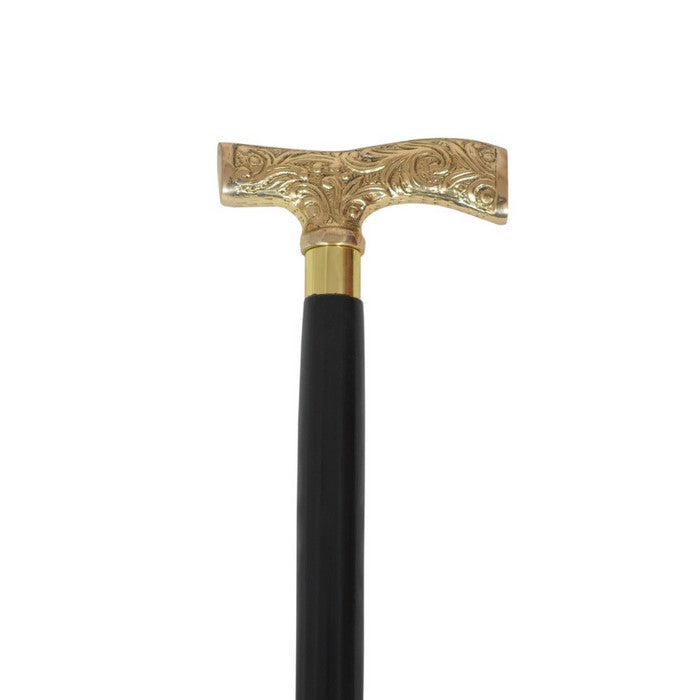 Wooden Walking Stick with Lustrous Brass Handle, Black and Gold