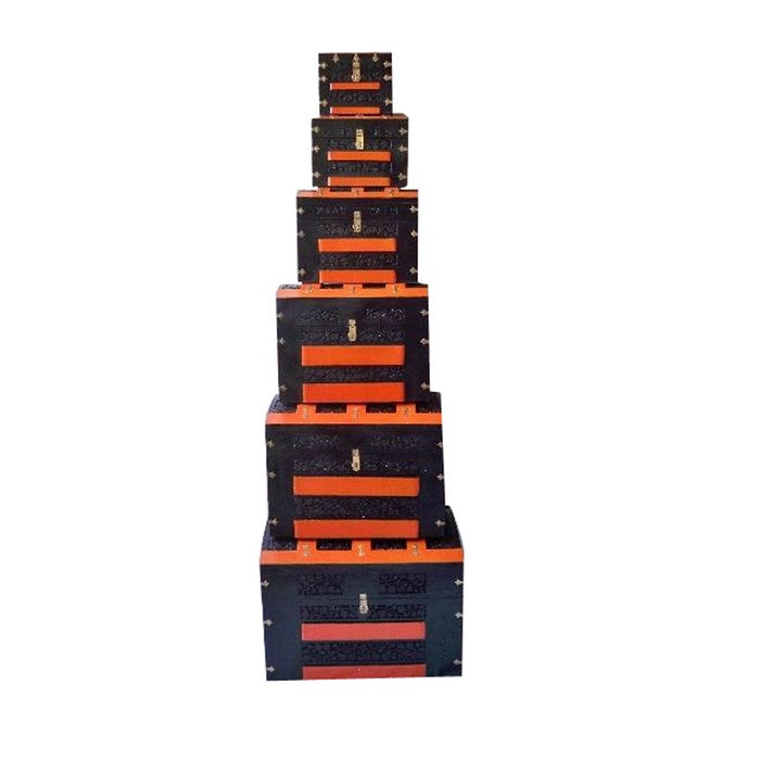 Set of Six Half Round Boxes with Orange Stripes