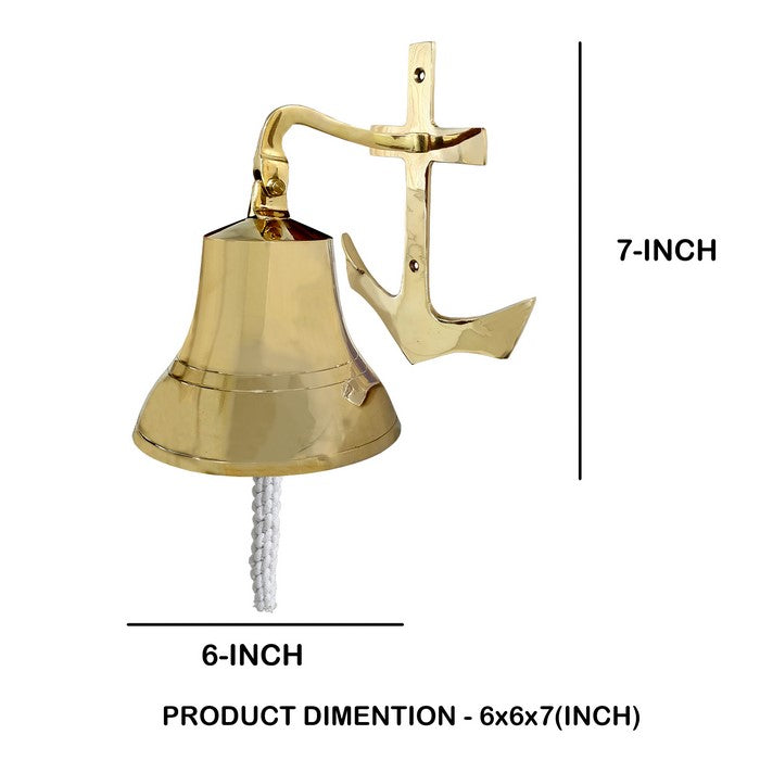 7 Inch Brass Ship Bell Wall Decor with Anchor Bracket Design, Gold