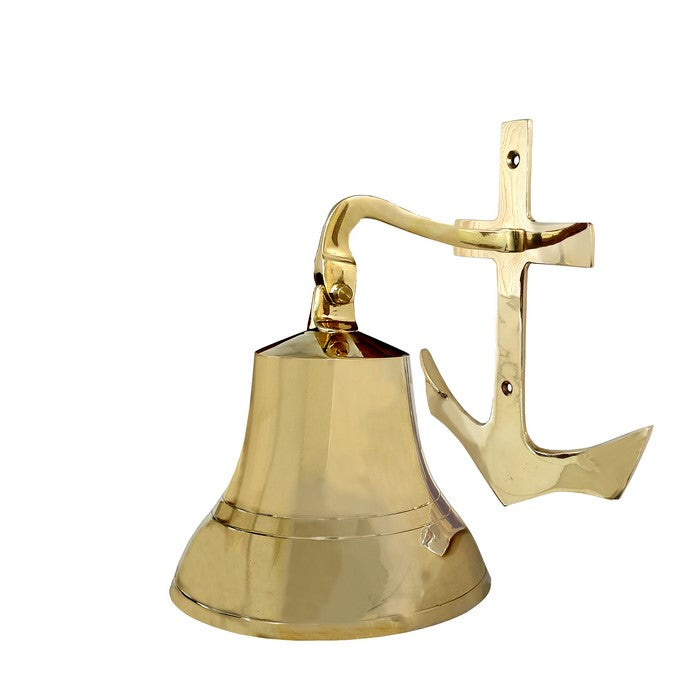 7 Inch Brass Ship Bell Wall Decor with Anchor Bracket Design, Gold