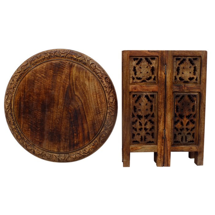 The Urban Port Wooden Hand Carved Folding Accent Coffee Table, Brown