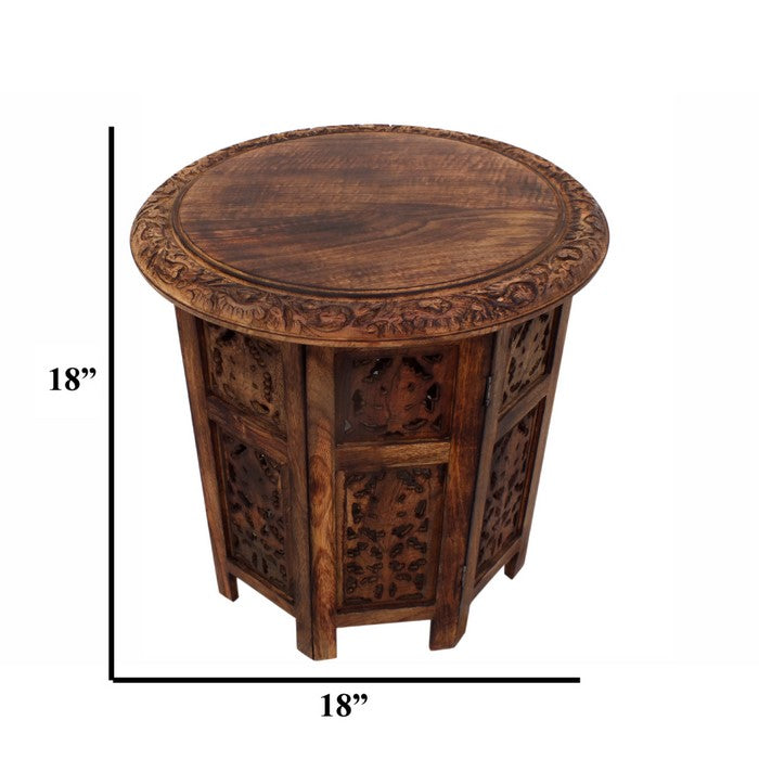 The Urban Port Wooden Hand Carved Folding Accent Coffee Table, Brown