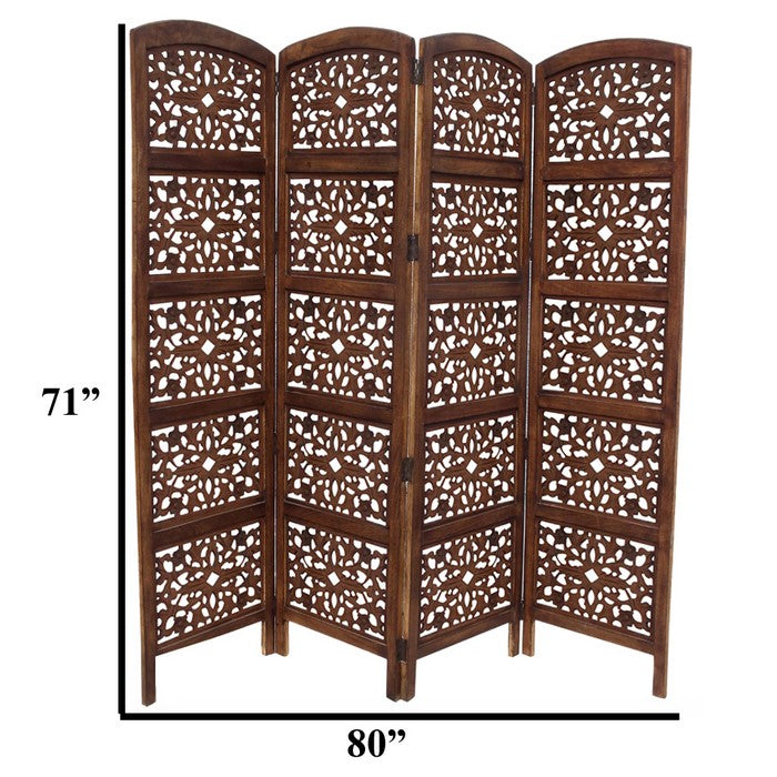 The Urban Port Handmade Foldable 4-Panel Wooden Partition Screen Room Divider, Brown