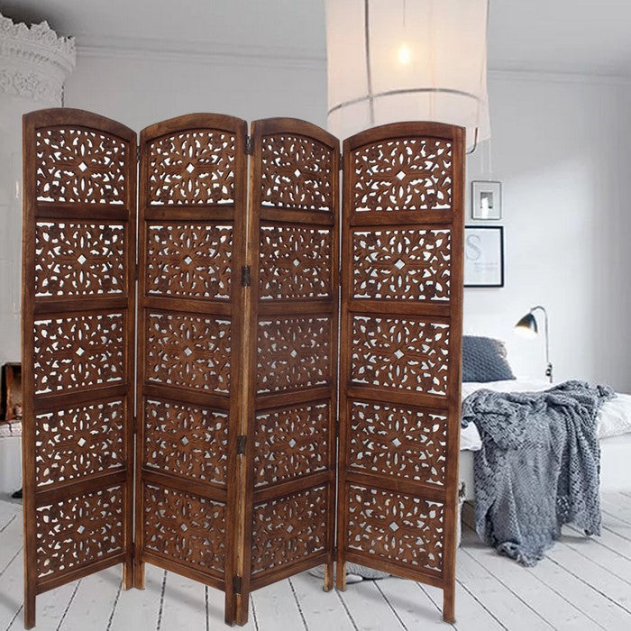The Urban Port Handmade Foldable 4-Panel Wooden Partition Screen Room Divider, Brown