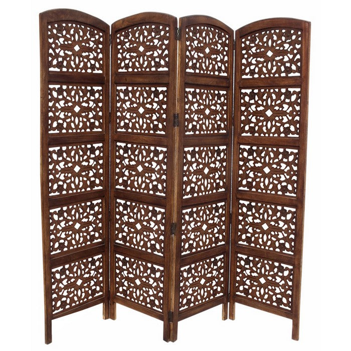 The Urban Port Handmade Foldable 4-Panel Wooden Partition Screen Room Divider, Brown