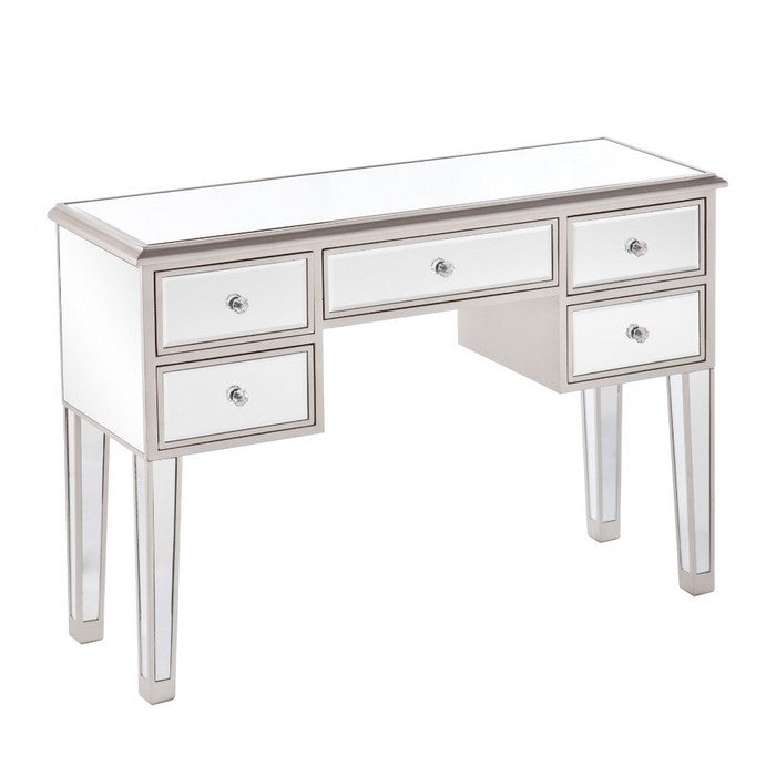 5 Drawer Wooden Console Table with Mirror Inserts, Silver and Gray