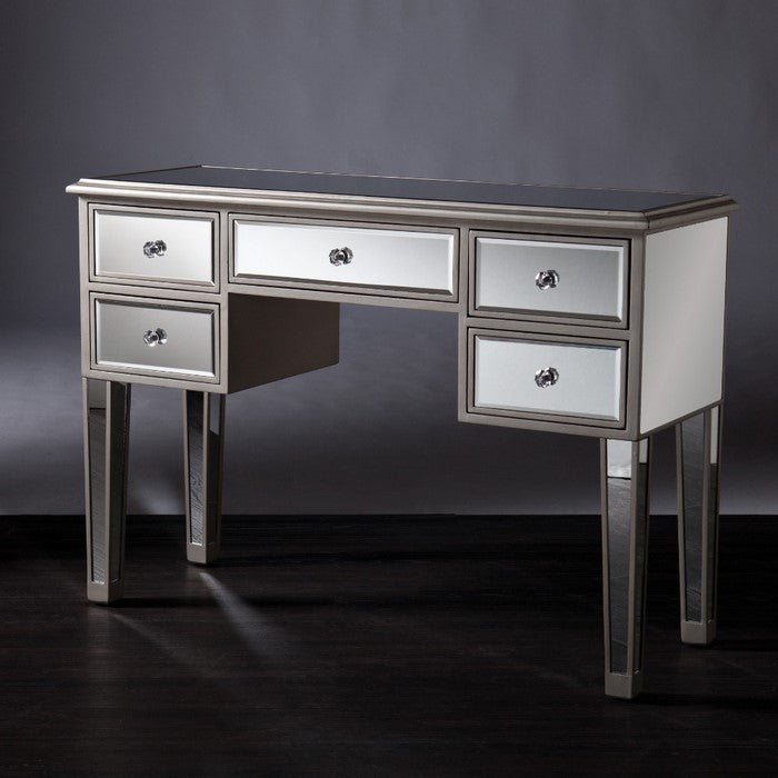 5 Drawer Wooden Console Table with Mirror Inserts, Silver and Gray